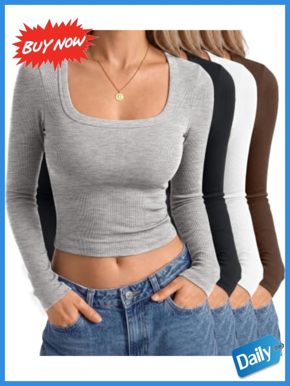 Womens 4 Pack Ribbed Long Sleeve Crop Tops Scoop Neck Slim Fit